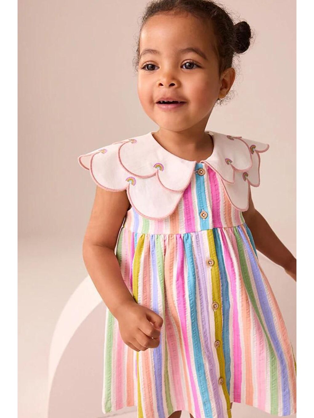 Pembe Kız Çocuk Renkli Yaka Detaylı Düğmeli Kolsuz Elbise-1