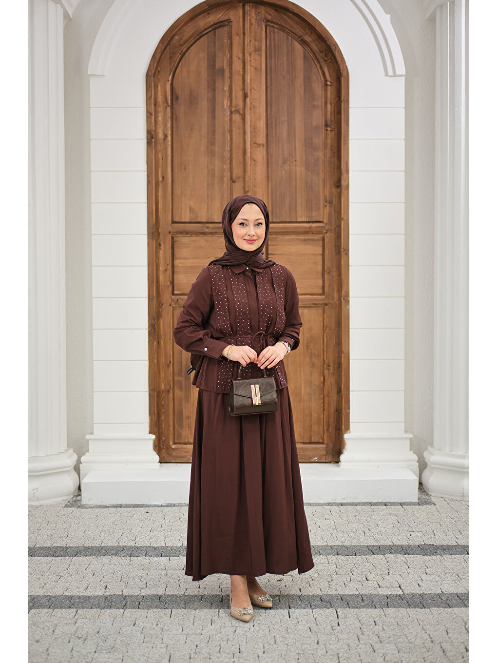 Kadın Önü Taş Detay Gizli Düğmeli Bel Bağlamalı Etekli Takım Kahverengi-4