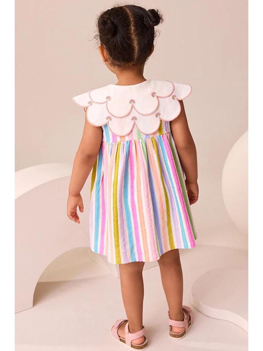 Pembe Kız Çocuk Renkli Yaka Detaylı Düğmeli Kolsuz Elbise-2