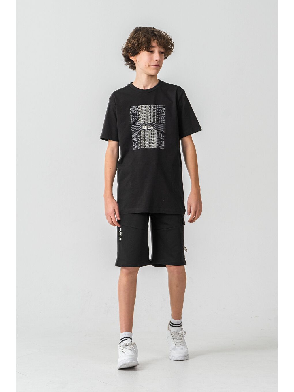 Siyah New York City Urban 1992 League Baskılı Kargo Cepli Erkek Çocuk Şort - Tişört Takımı-1