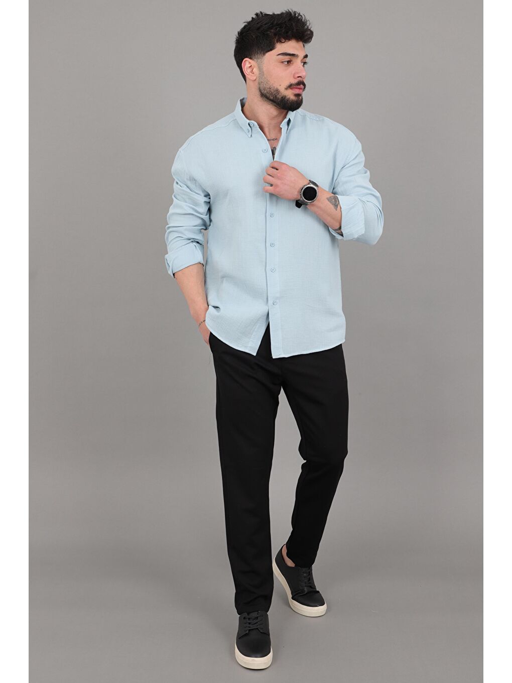 Mavi Oversize Müslin Yazlık Uzun Kol Gömlek MRS 202_40417-3