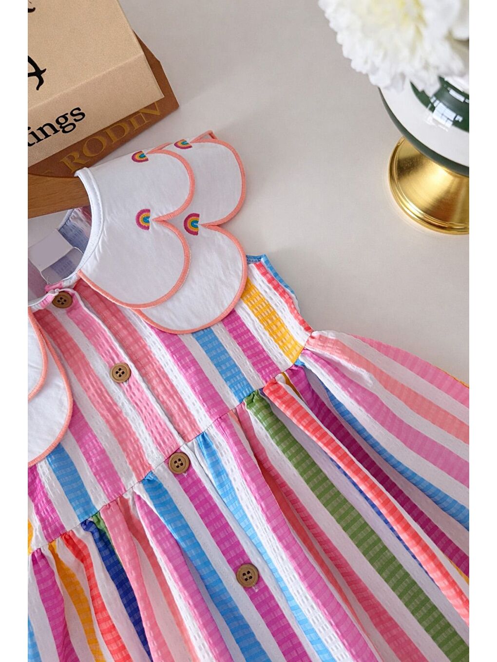 Pembe Kız Çocuk Renkli Yaka Detaylı Düğmeli Kolsuz Elbise-3