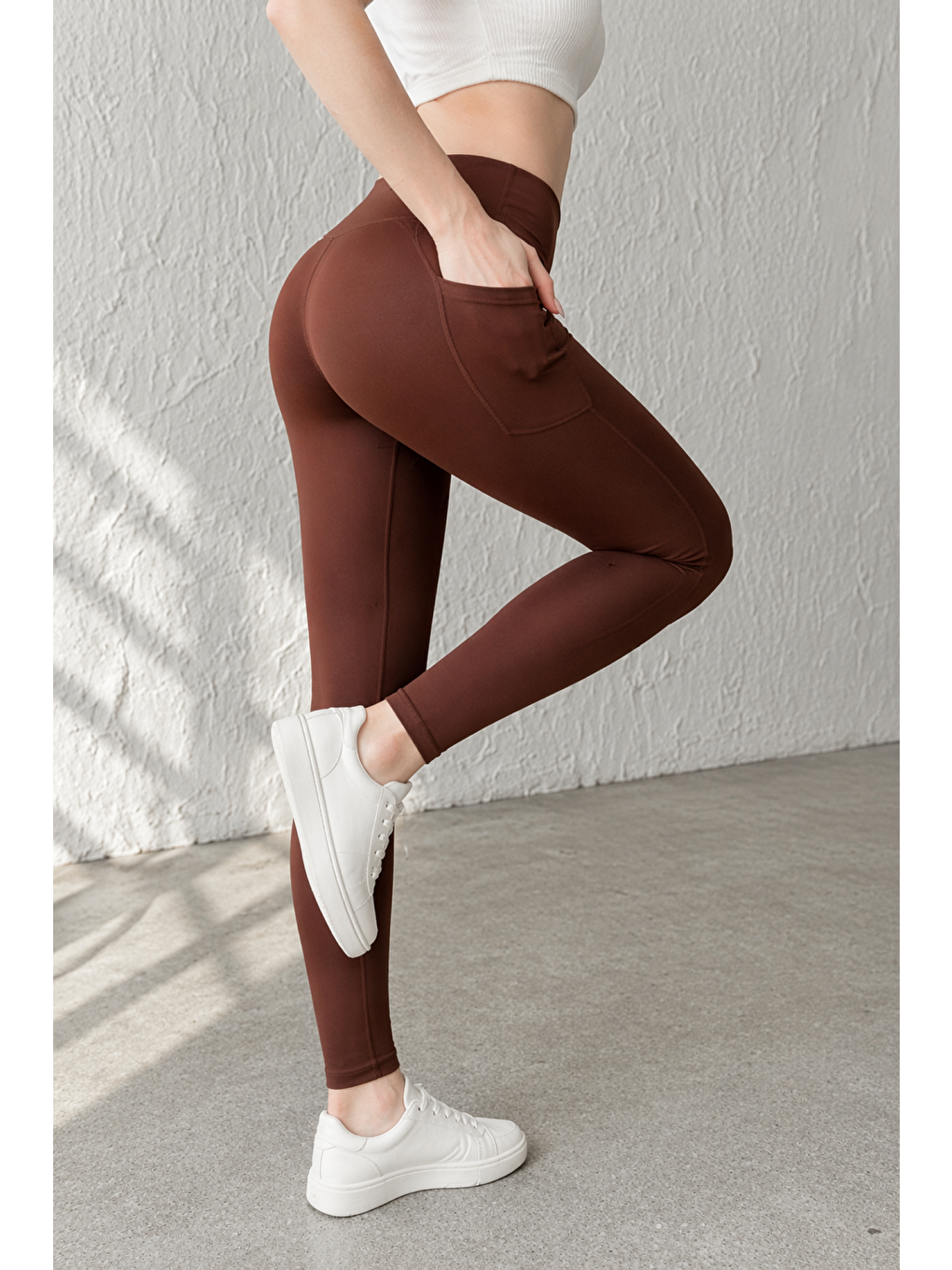 Kahverengi Kadın Cepli Ekstra Yüksek Bel Dalgıç Kumaş Esnek Spor Rahat Günlük Tayt-1