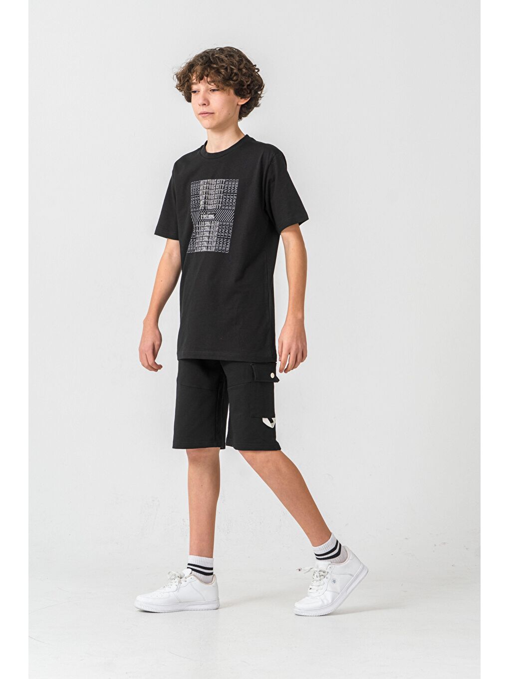 Siyah New York City Urban 1992 League Baskılı Kargo Cepli Erkek Çocuk Şort - Tişört Takımı-2