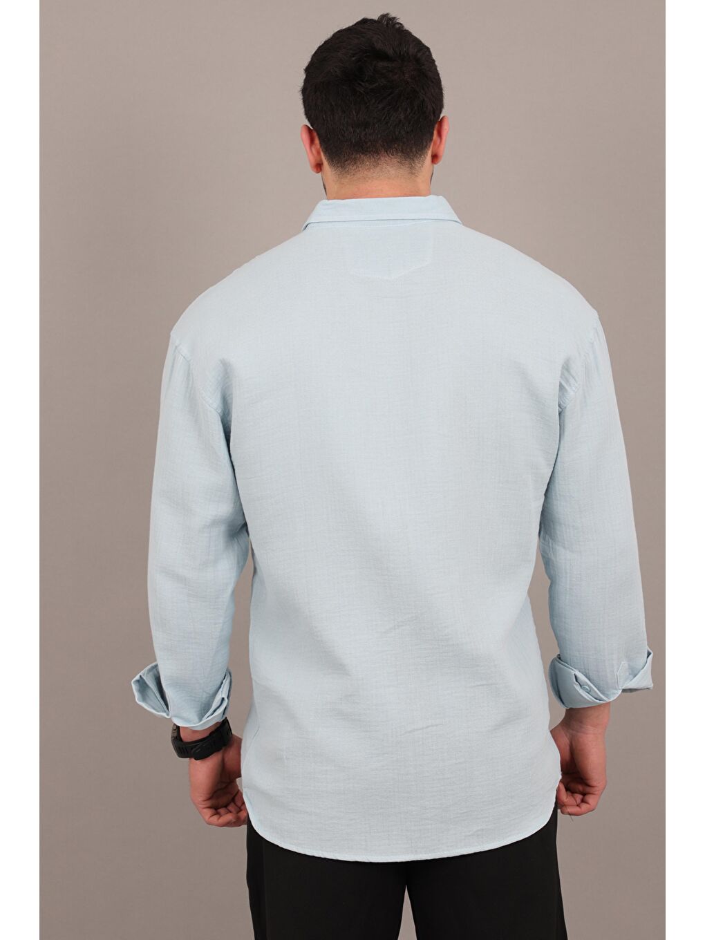 Mavi Oversize Müslin Yazlık Uzun Kol Gömlek MRS 202_40417-4