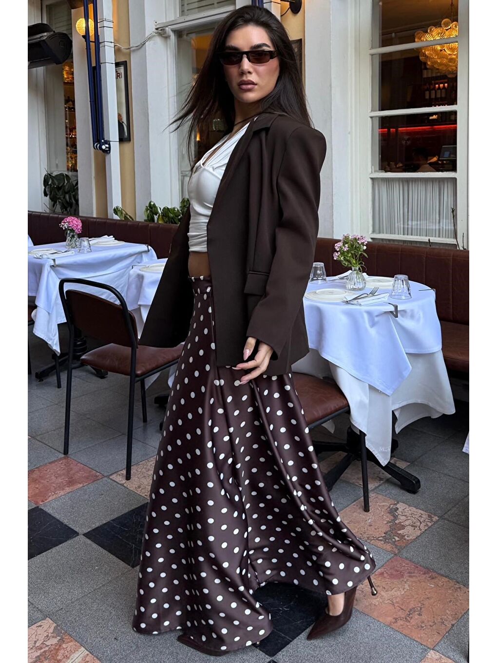 Kahverengi Puantiyeli Maxi Kadın Saten Etek Mg2725-3