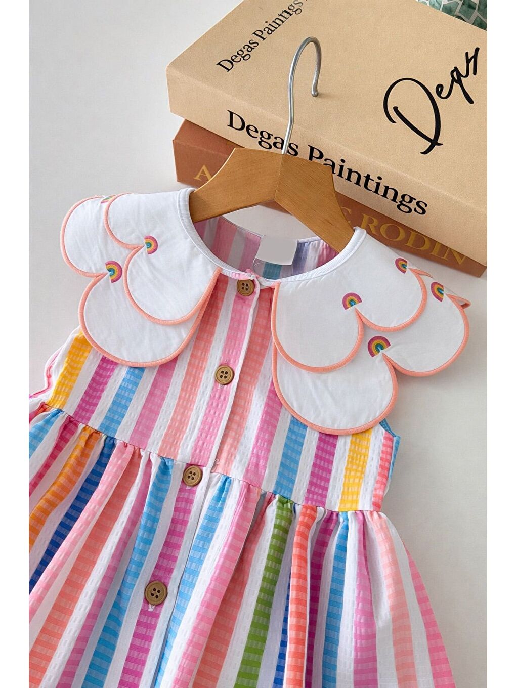 Pembe Kız Çocuk Renkli Yaka Detaylı Düğmeli Kolsuz Elbise-4