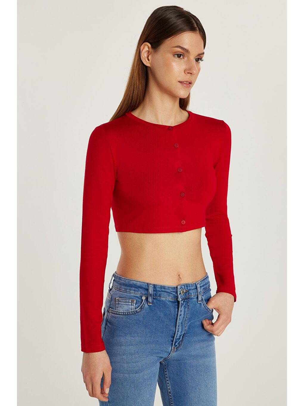 Kadın Slim Fit Dar Kesim Uzun Kollu Bisiklet Yaka Kırmızı Hırka