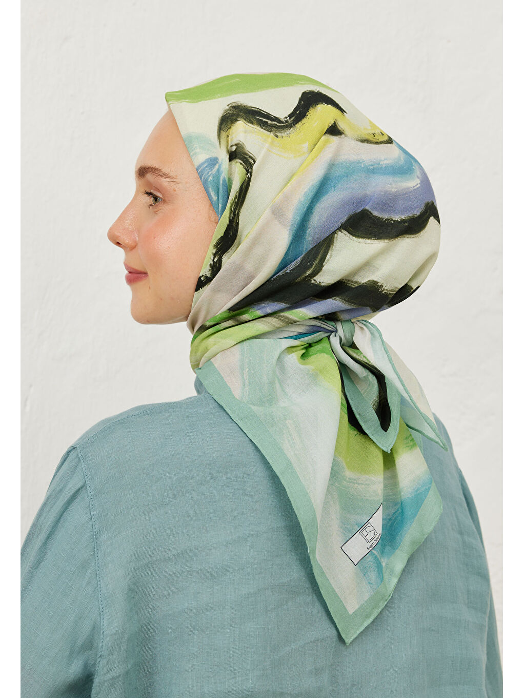 Yeşil Colour Waves Desen Pamuk Vual Eşarp Mint-3