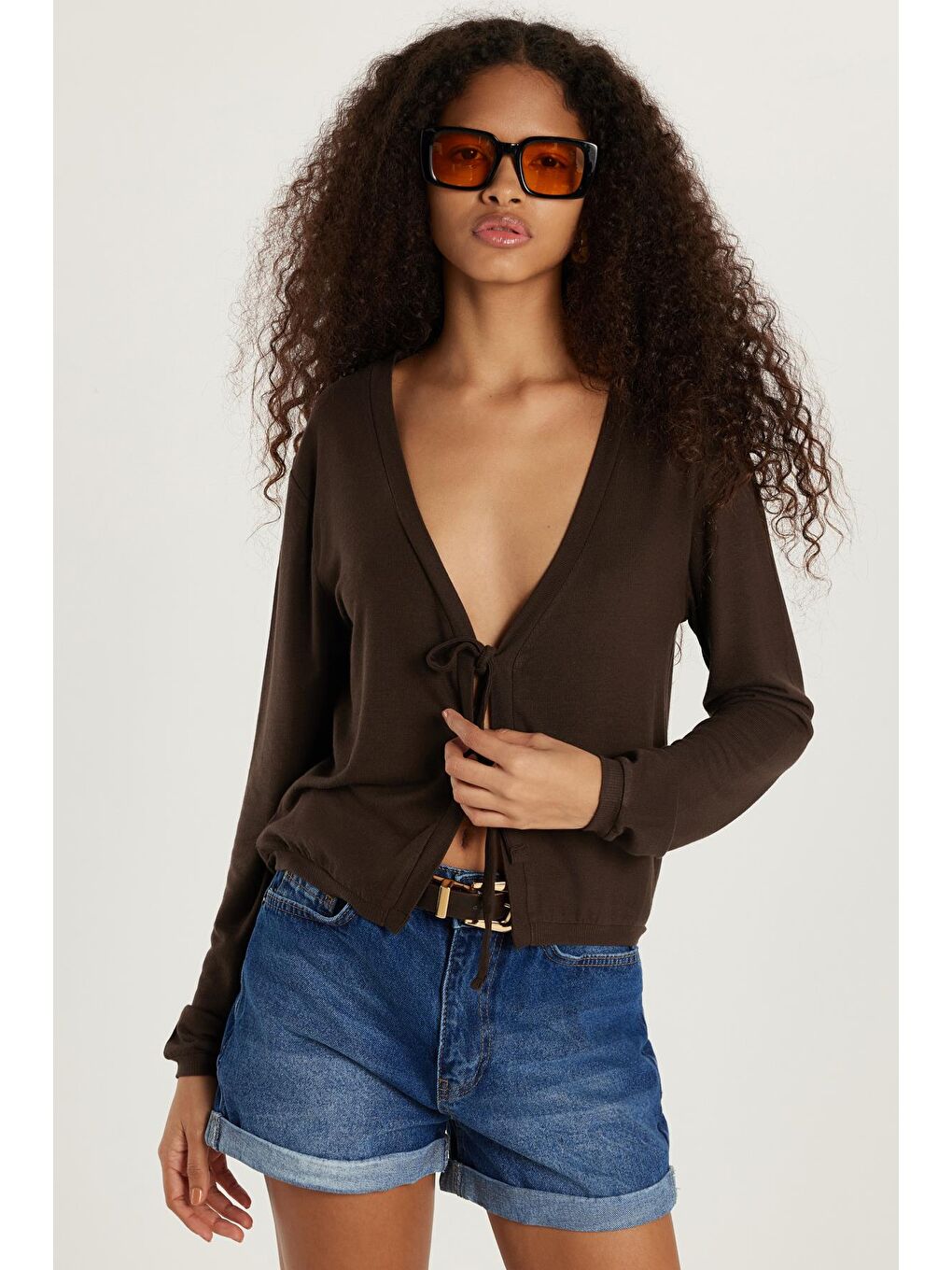 Kadın Slim Fit Dar Kesim Bağlamalı Uzun Kollu V Yaka Kahverengi Hırka