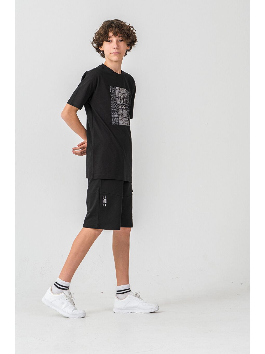 Siyah New York City Urban 1992 League Baskılı Kargo Cepli Erkek Çocuk Şort - Tişört Takımı-3