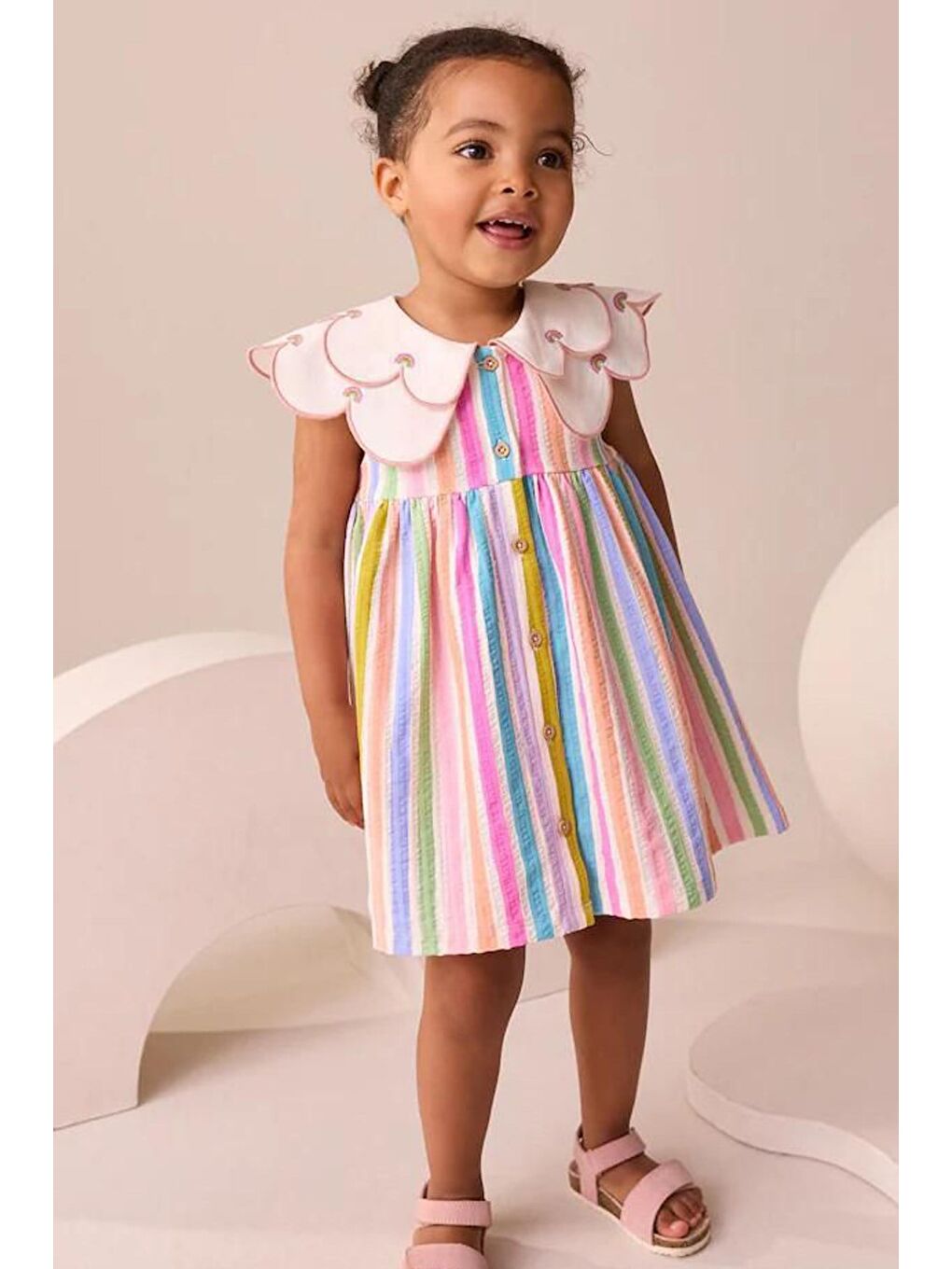 Pembe Kız Çocuk Renkli Yaka Detaylı Düğmeli Kolsuz Elbise-5