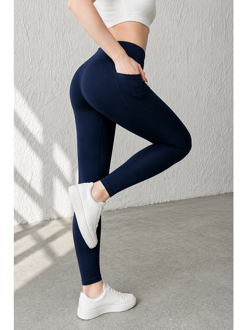Lacivert Kadın Cepli Ekstra Yüksek Bel Dalgıç Kumaş Esnek Spor Rahat Günlük Tayt-1