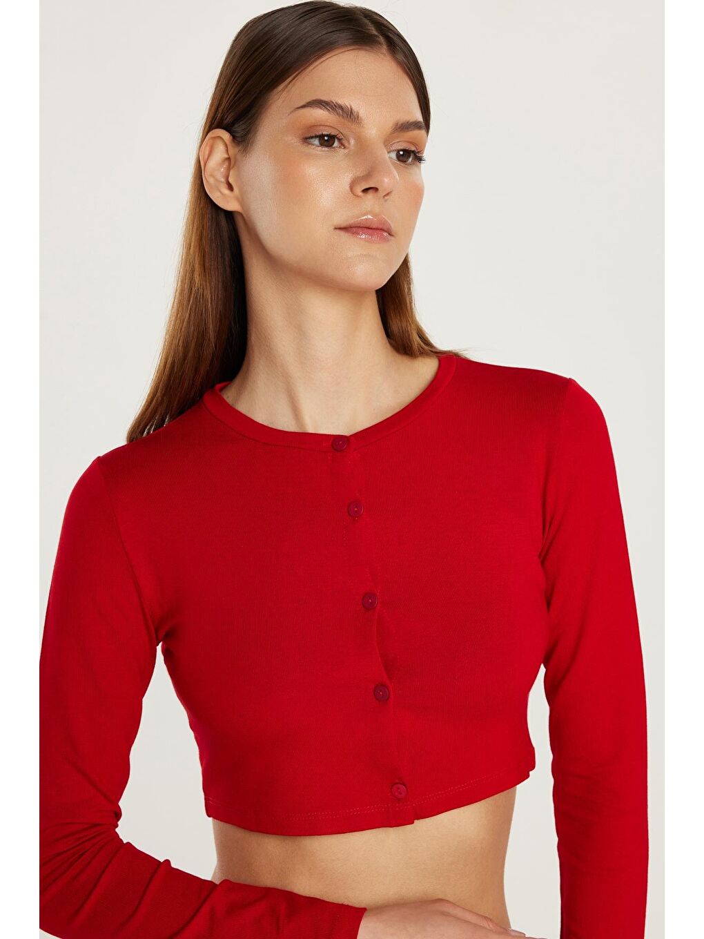 Kadın Slim Fit Dar Kesim Uzun Kollu Bisiklet Yaka Kırmızı Hırka-1