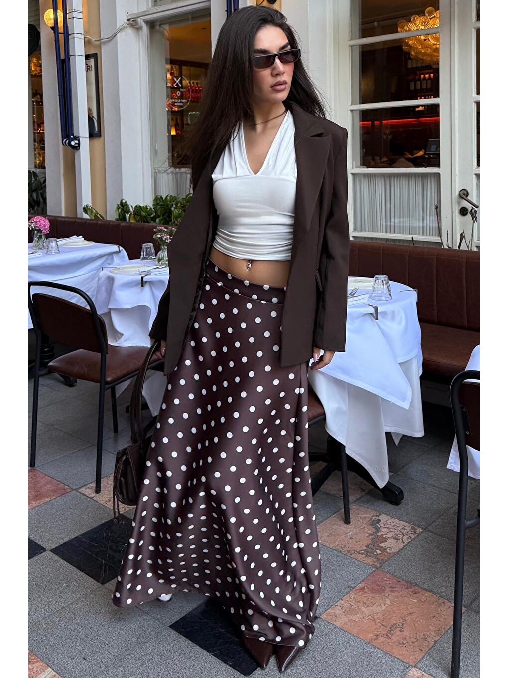 Kahverengi Puantiyeli Maxi Kadın Saten Etek Mg2725-4