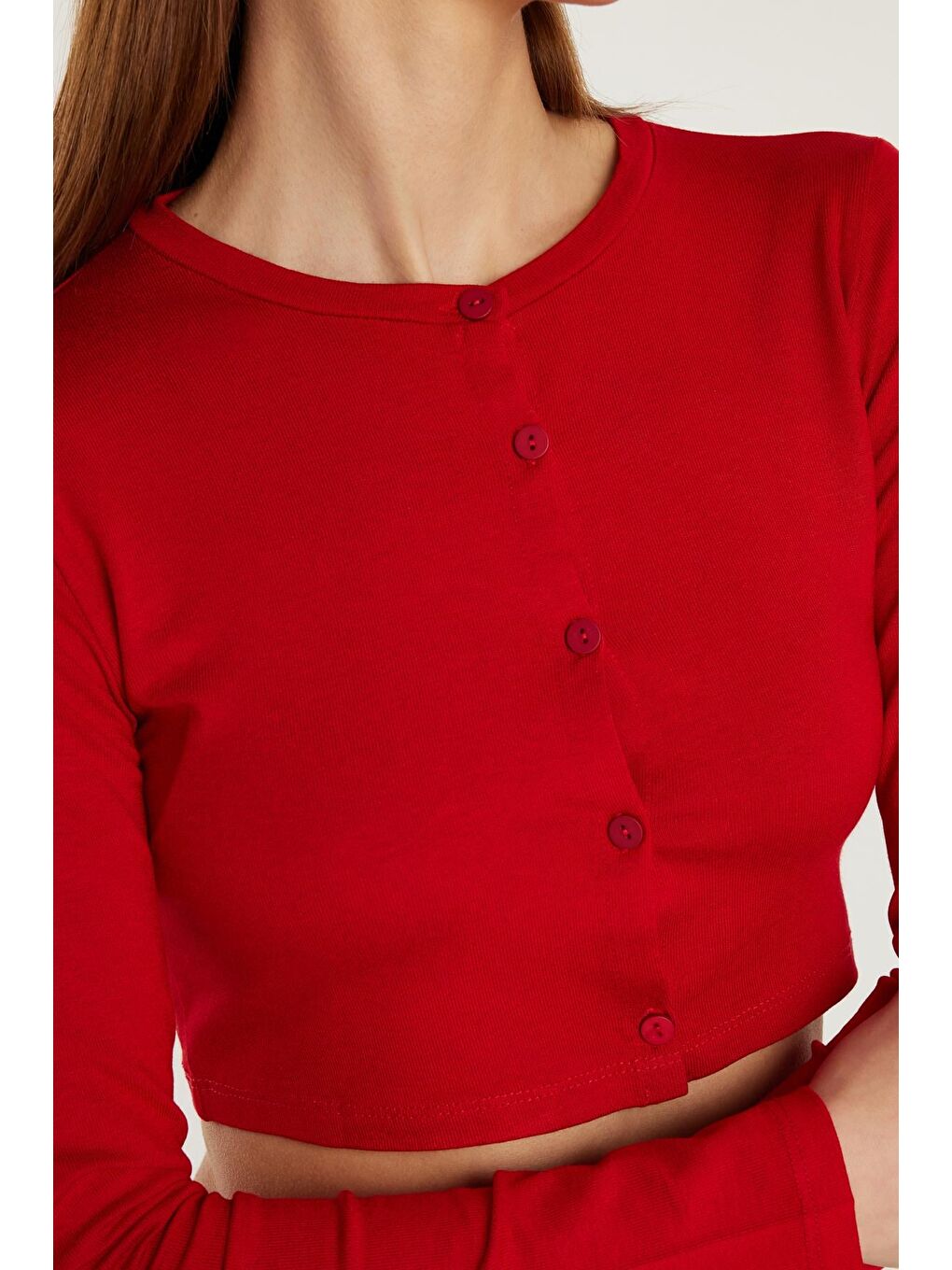 Kadın Slim Fit Dar Kesim Uzun Kollu Bisiklet Yaka Kırmızı Hırka-2