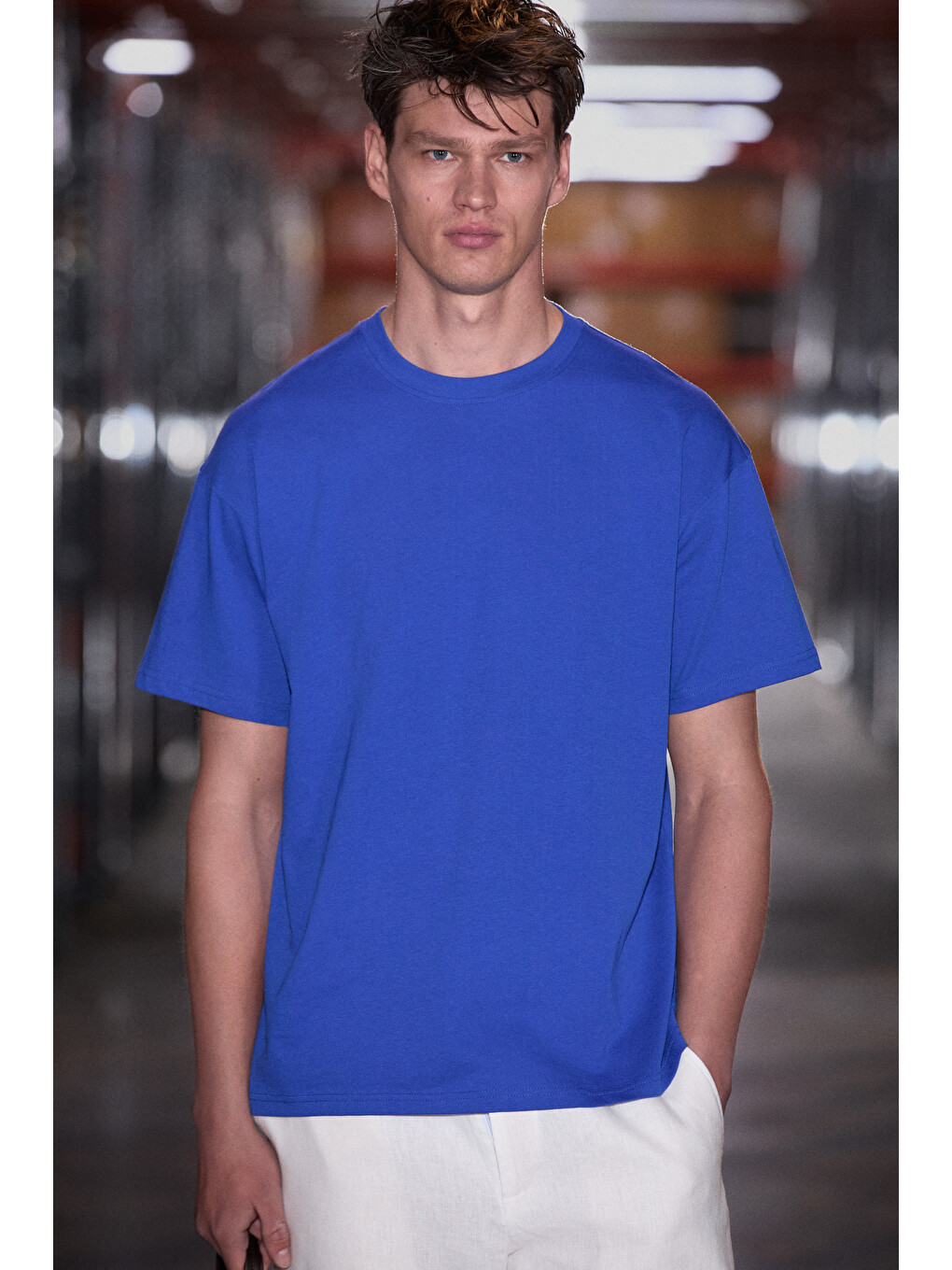 Solo Erkek %100 Organik Pamuklu Kalın Dokulu Comfort Fit Bisiklet Yakalı Koyu Mavi T-shirt