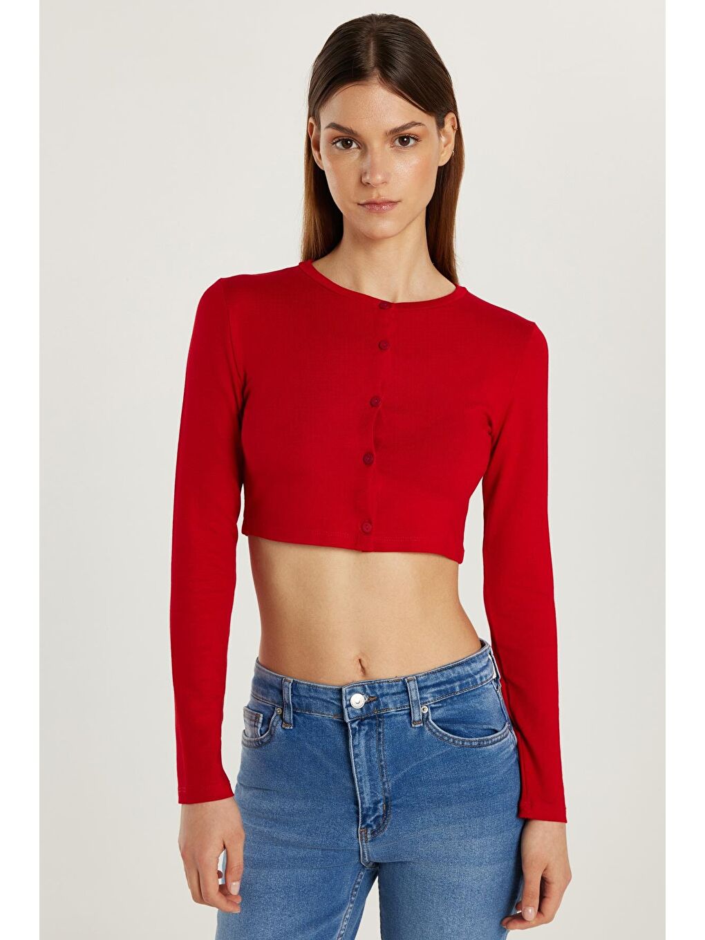 Kadın Slim Fit Dar Kesim Uzun Kollu Bisiklet Yaka Kırmızı Hırka-3