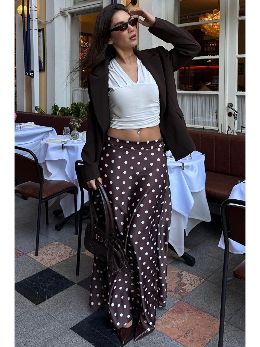 Kahverengi Puantiyeli Maxi Kadın Saten Etek Mg2725-5