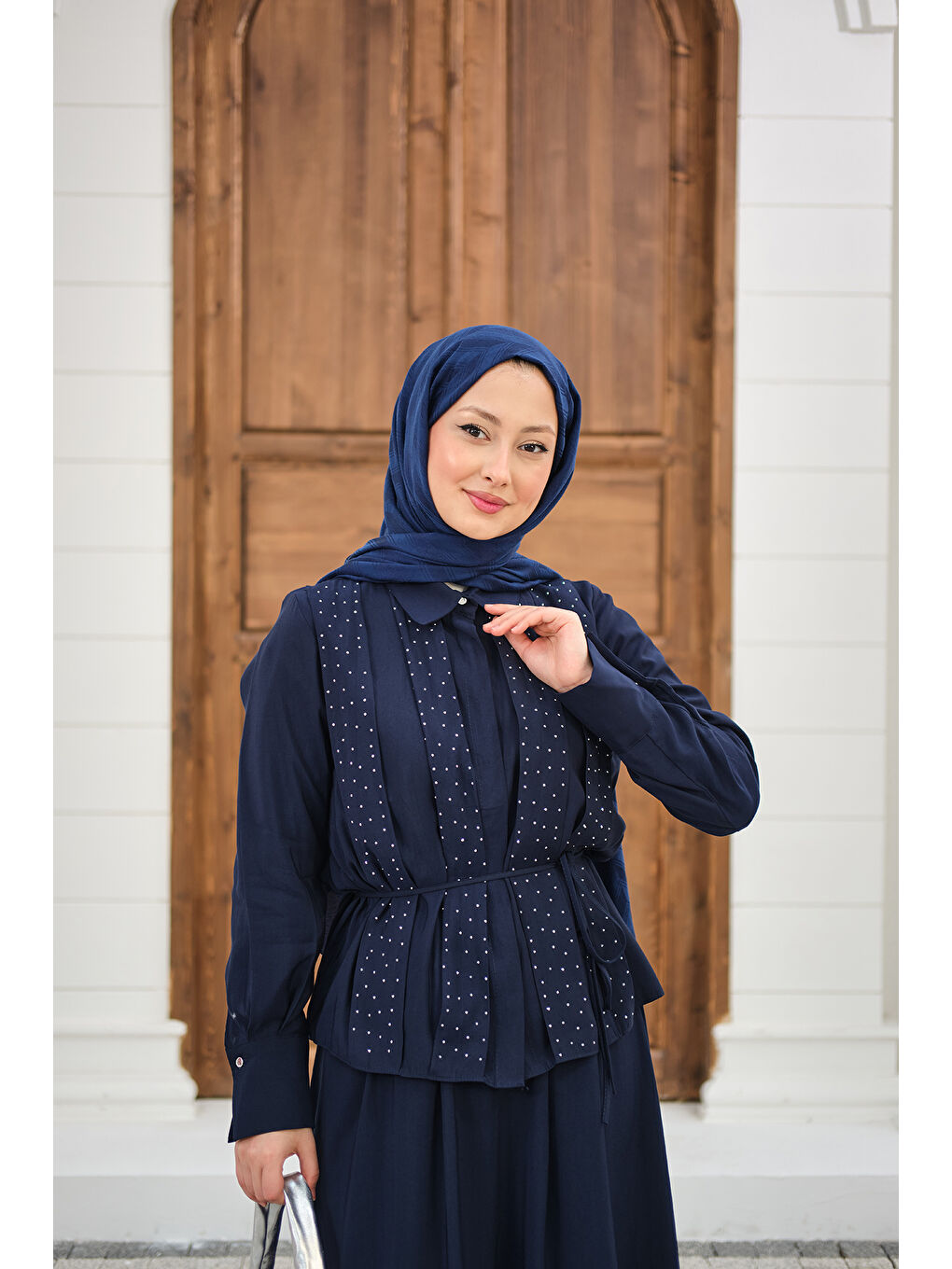 Kadın Önü Taş Detay Gizli Düğmeli Bel Bağlamalı Etekli Takım Lacivert-1