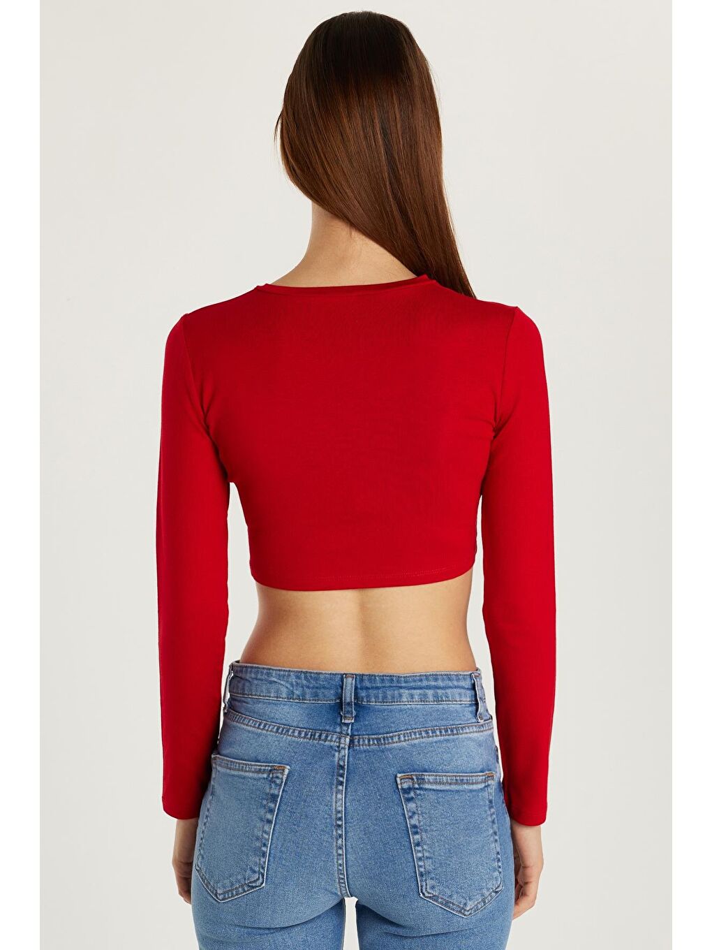Kadın Slim Fit Dar Kesim Uzun Kollu Bisiklet Yaka Kırmızı Hırka-4