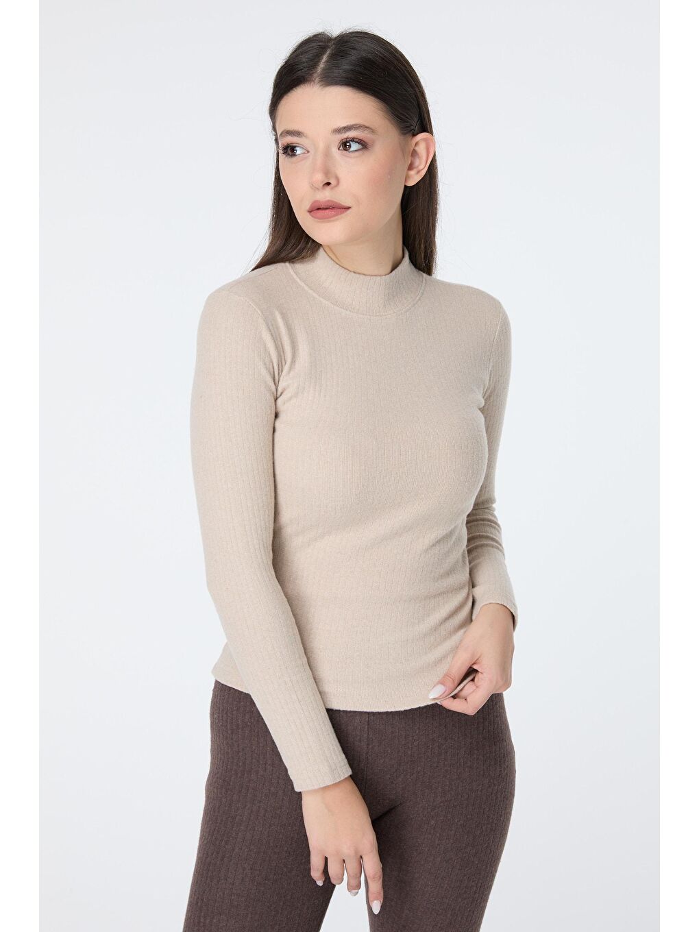 Yarım Balıkçı Yaka Kadın Bej Crop - 23135-1