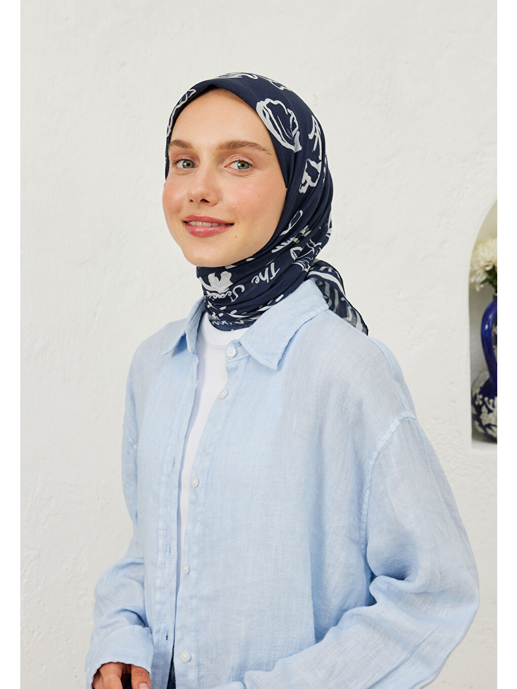 Summer Vibes Desen Pamuk Vual Eşarp Lacivert-1