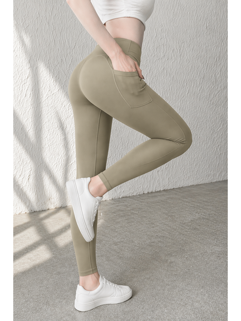 Yeşil Kadın Cepli Ekstra Yüksek Bel Dalgıç Kumaş Esnek Spor Rahat Günlük Tayt-1