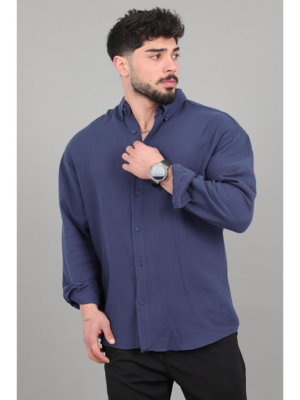 Lacivert Oversize Müslin Yazlık Uzun Kol Gömlek MRS 202_40417-1