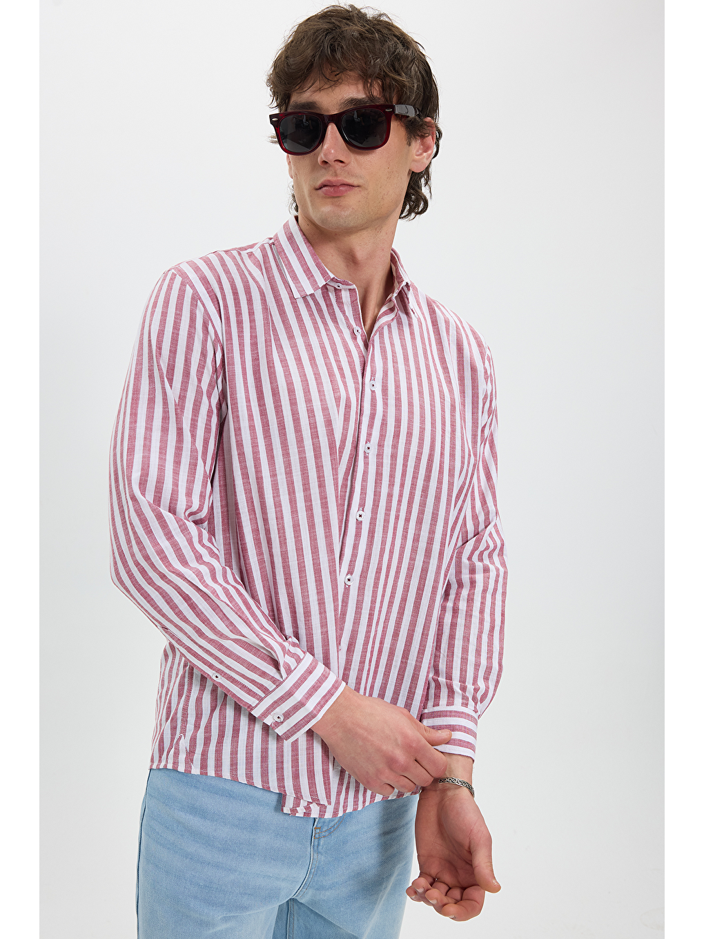Erkek Regular Fit Rahat Kesim %100 Pamuk Çizgili Keten Efektli Bordo Gömlek-6