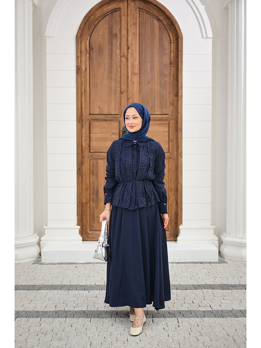 Kadın Önü Taş Detay Gizli Düğmeli Bel Bağlamalı Etekli Takım Lacivert-2