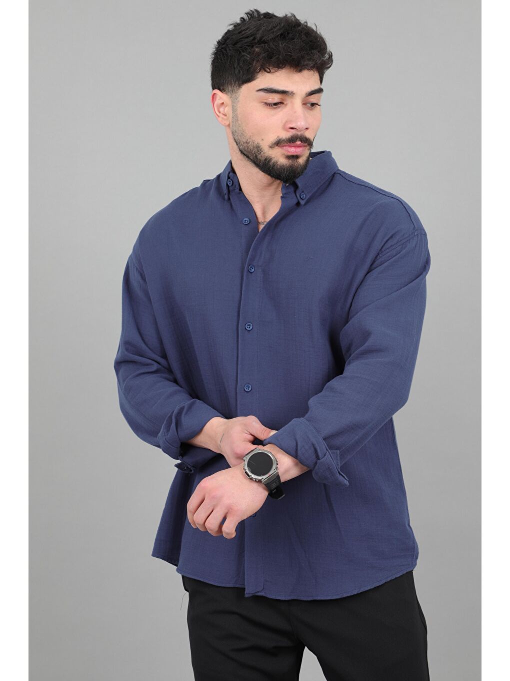 Lacivert Oversize Müslin Yazlık Uzun Kol Gömlek MRS 202_40417-2