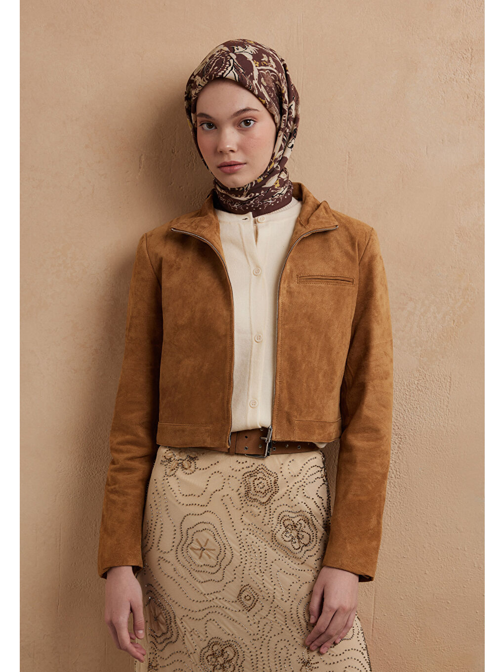 Kahverengi Floral Paısley Desen Pamuk İpek Eşarp Kızıl Kahve