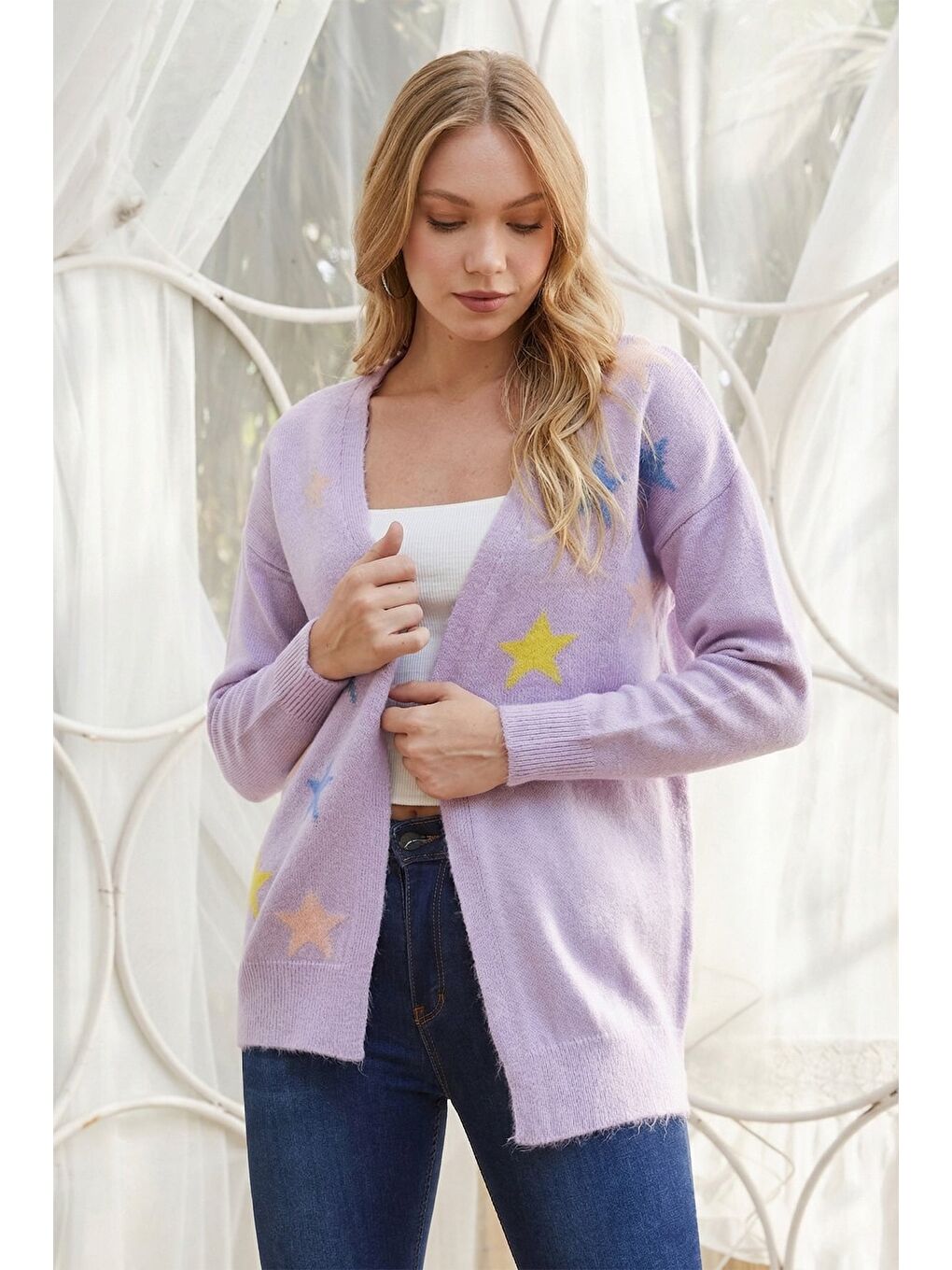 Mor Düğmeli V Yaka Triko Hırka