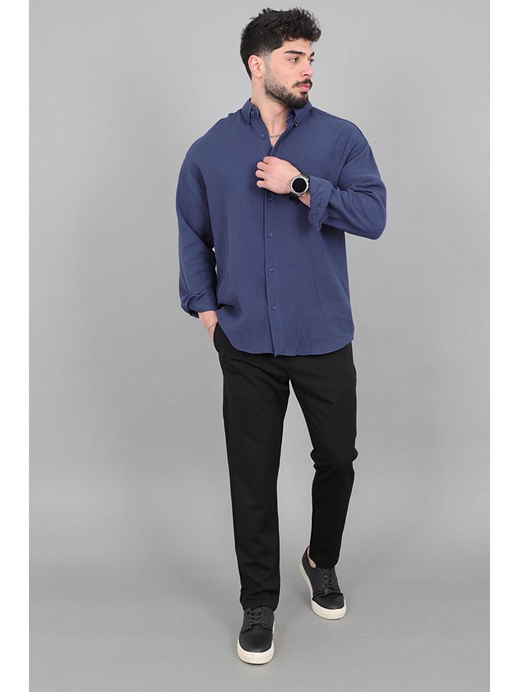 Lacivert Oversize Müslin Yazlık Uzun Kol Gömlek MRS 202_40417-3