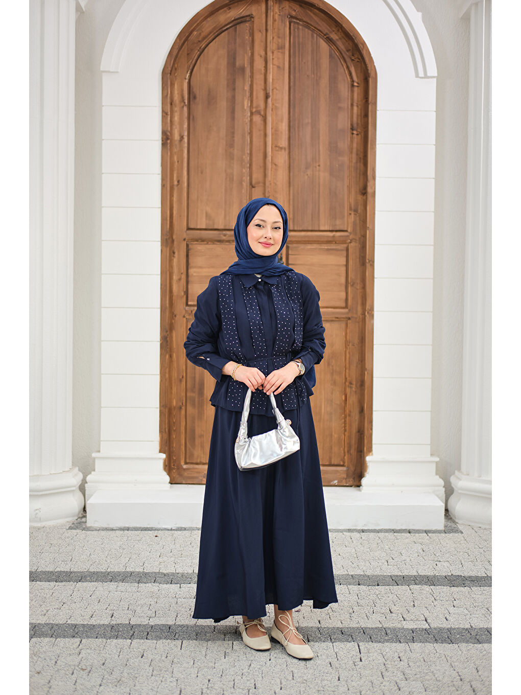 Kadın Önü Taş Detay Gizli Düğmeli Bel Bağlamalı Etekli Takım Lacivert-3