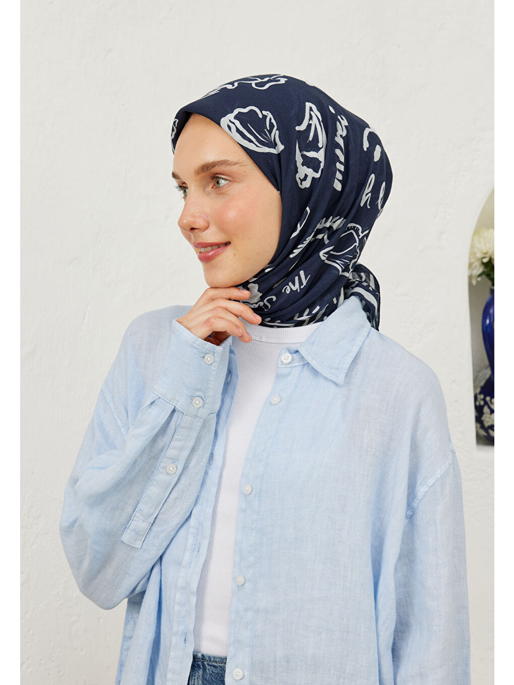 Summer Vibes Desen Pamuk Vual Eşarp Lacivert-2