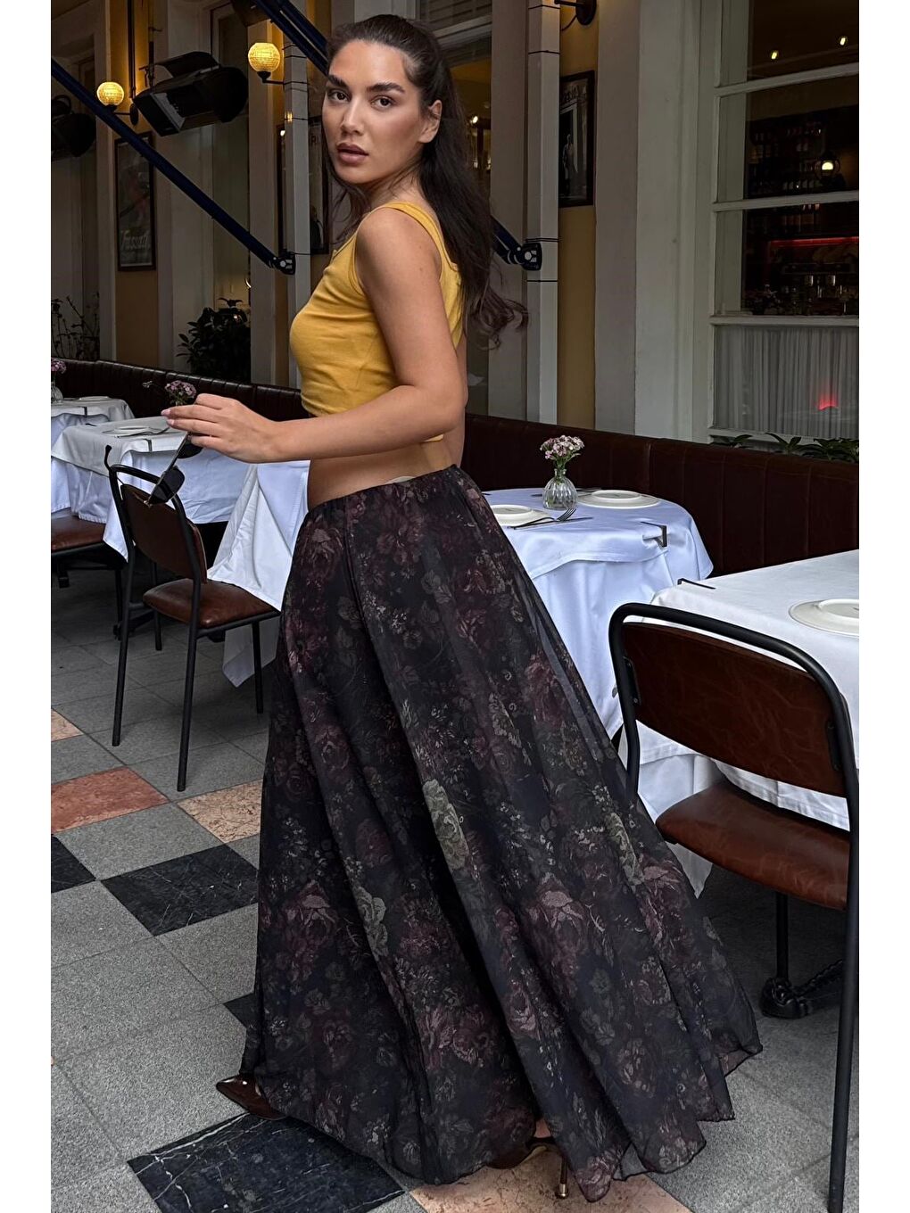 Siyah Çiçek Desenli Vintage Şifon Maxi Etek Mg2776-1