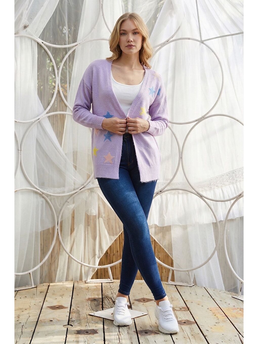 Mor Düğmeli V Yaka Triko Hırka-1