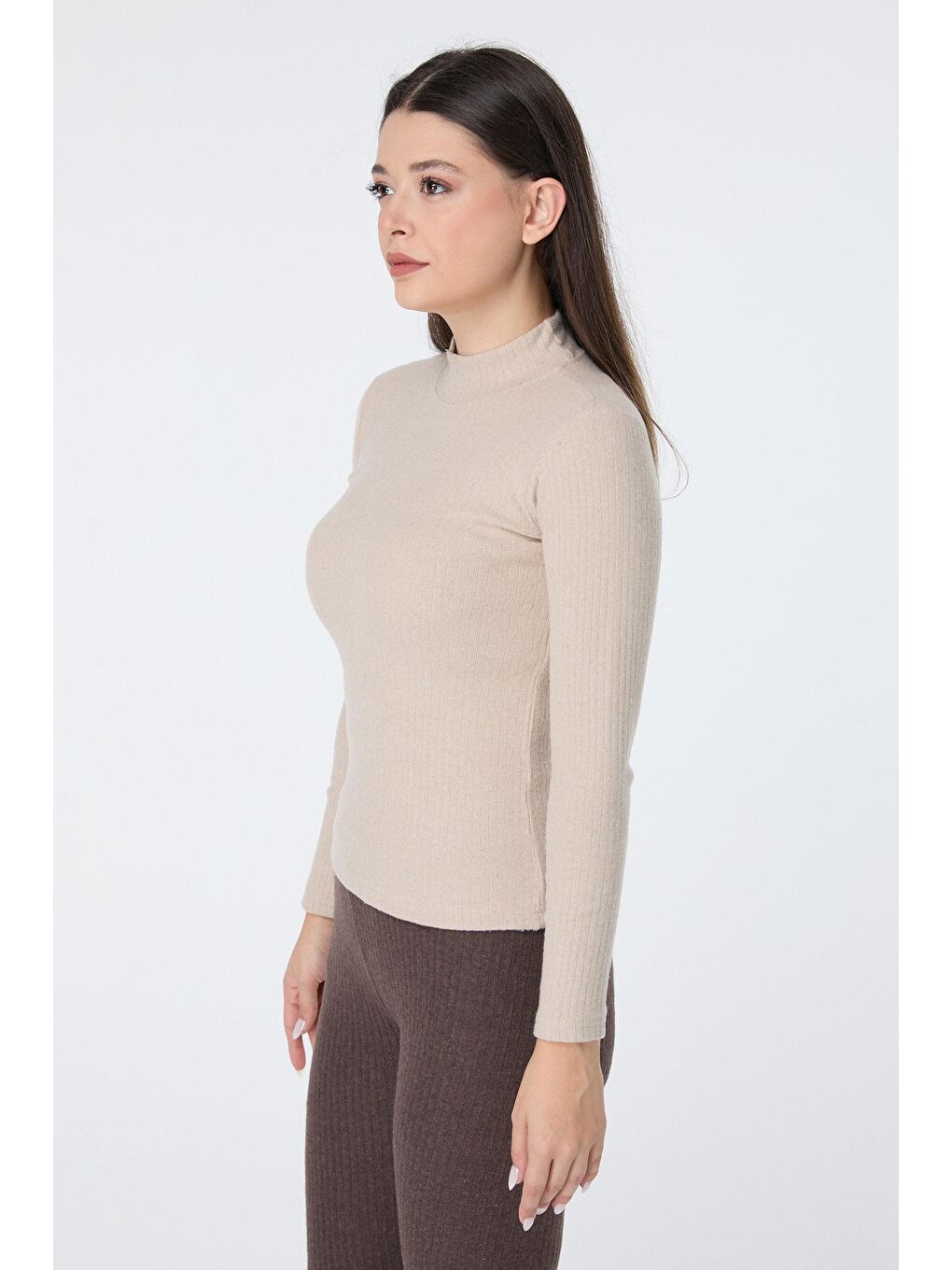 Yarım Balıkçı Yaka Kadın Bej Crop - 23135-3