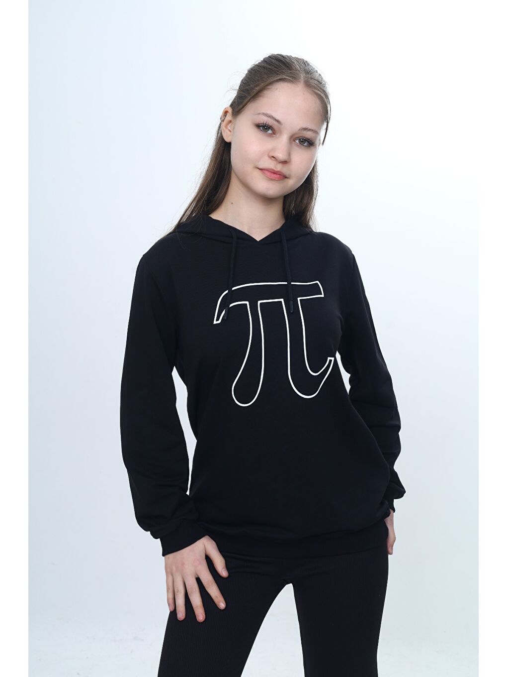 Siyah Unisex Çocuk Pi Sayı Baskılı  Regular Kapüşonlu Sweatshirt-3