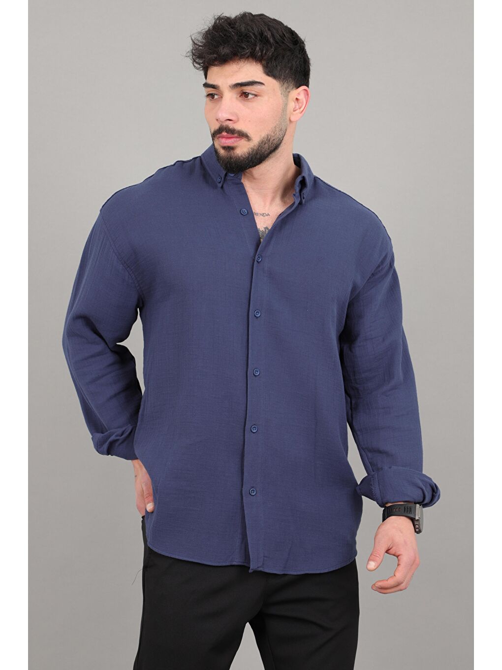 Lacivert Oversize Müslin Yazlık Uzun Kol Gömlek MRS 202_40417-4