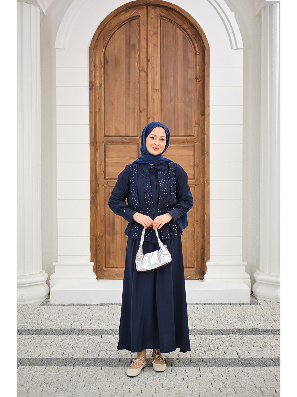 Kadın Önü Taş Detay Gizli Düğmeli Bel Bağlamalı Etekli Takım Lacivert-4