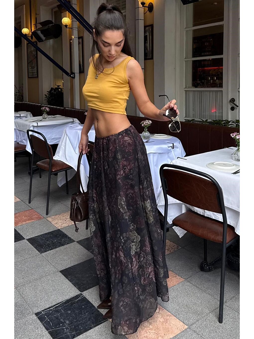 Siyah Çiçek Desenli Vintage Şifon Maxi Etek Mg2776-2