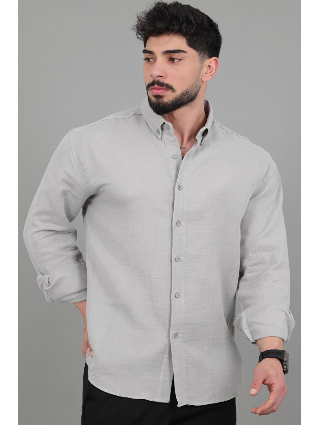 Gri Oversize Müslin Yazlık Uzun Kol Gömlek MRS 202_40417