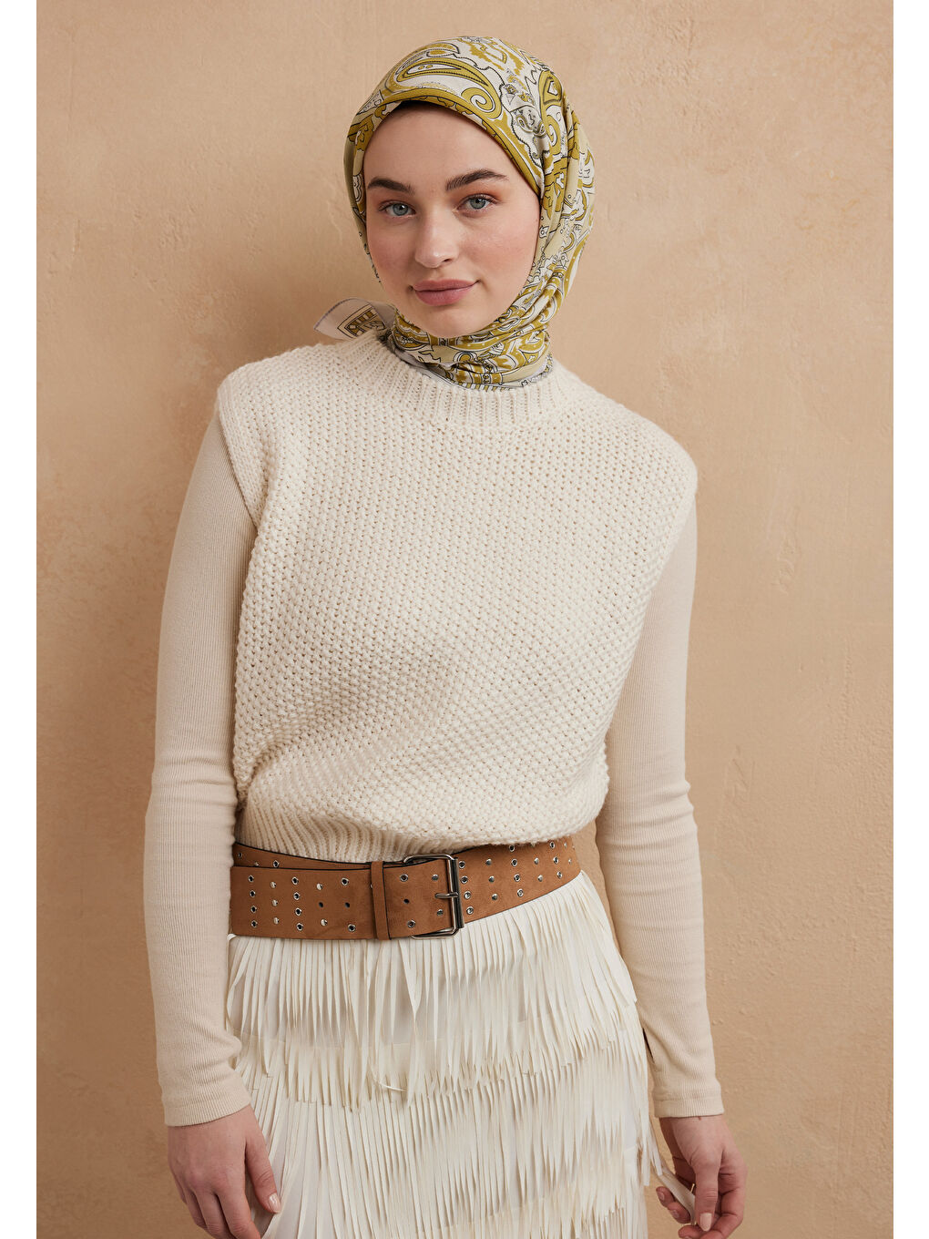 Kahverengi Lena Desen Pamuk İpek Eşarp Hardal