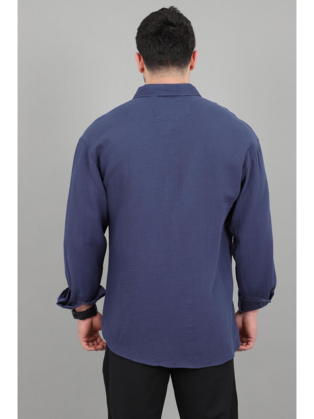 Lacivert Oversize Müslin Yazlık Uzun Kol Gömlek MRS 202_40417-5