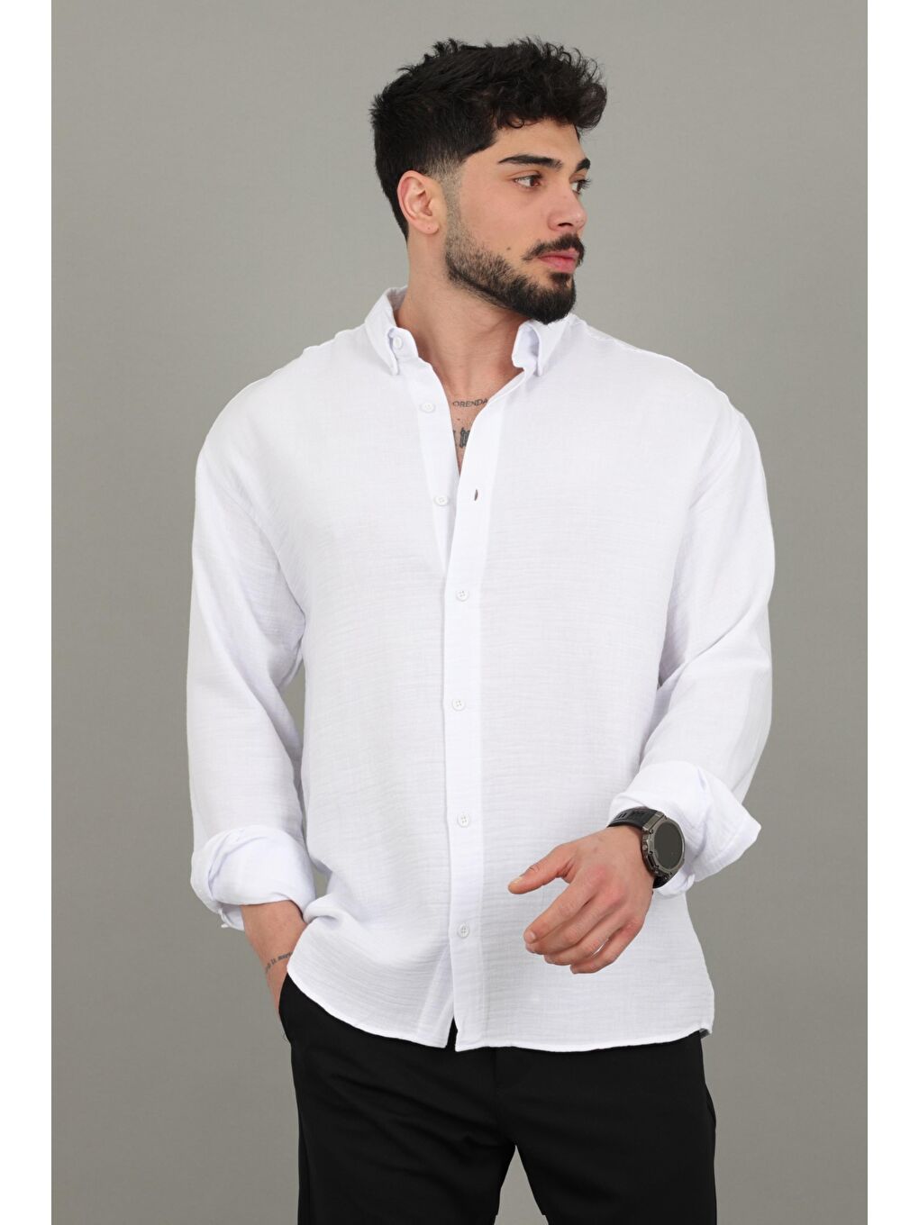 Beyaz Oversize Müslin Yazlık Uzun Kol Gömlek MRS 202_40417-2