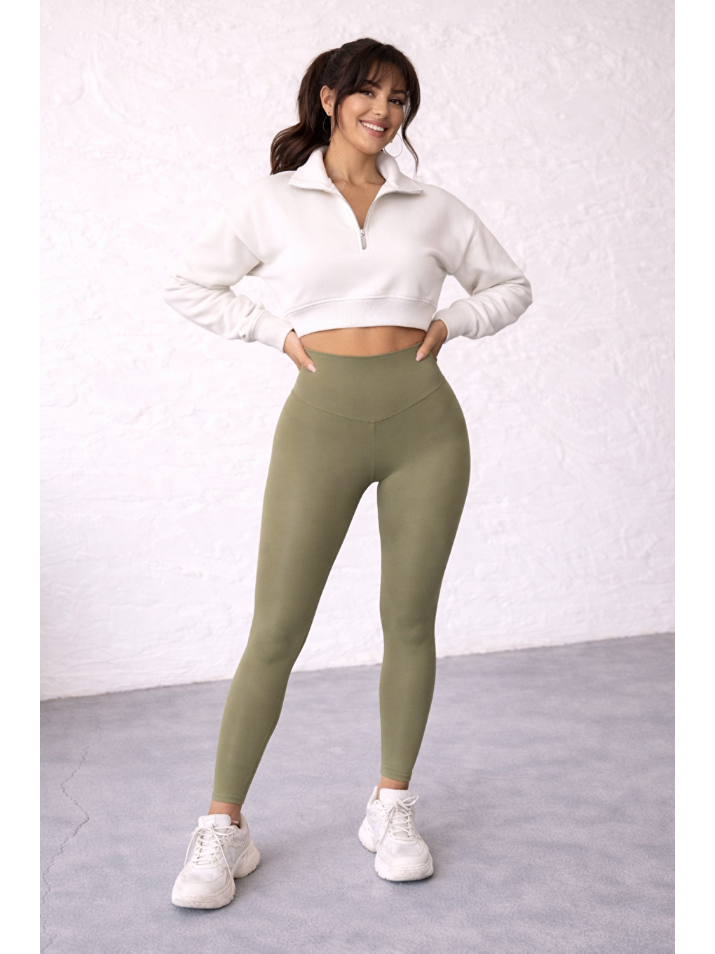 Yeşil Kadın Ekstra Yüksek Çapraz Kemer Bel Dalgıç Kumaş Esnek Spor Rahat Günlük Tayt