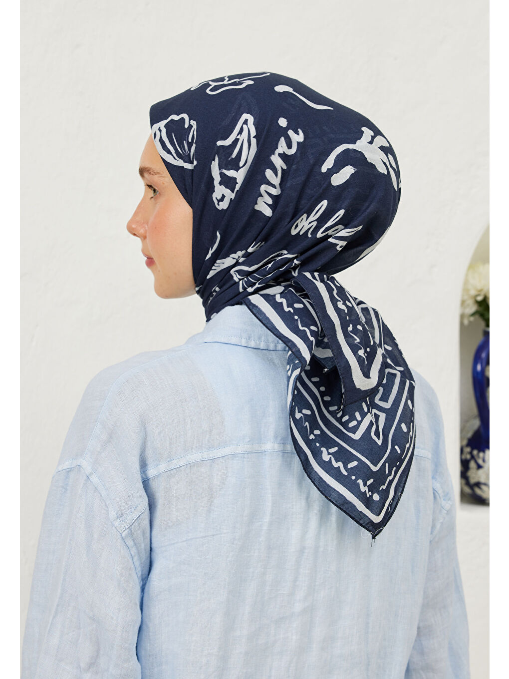 Summer Vibes Desen Pamuk Vual Eşarp Lacivert-3